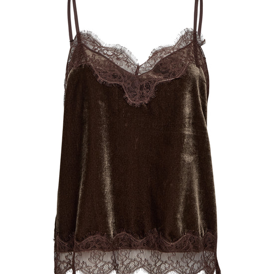 A dark brown velvet camisole top with matching lace trim along the neckline, underwire, and hem, displayed against a plain white background.