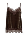 A dark brown velvet camisole top with matching lace trim along the neckline, underwire, and hem, displayed against a plain white background.