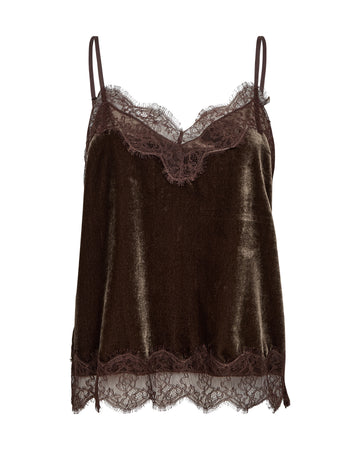 A dark brown velvet camisole top with matching lace trim along the neckline, underwire, and hem, displayed against a plain white background.