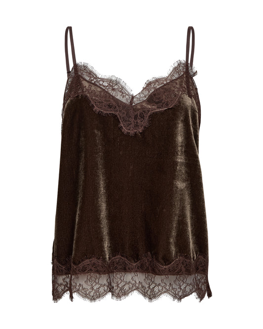 A dark brown velvet camisole top with matching lace trim along the neckline, underwire, and hem, displayed against a plain white background.