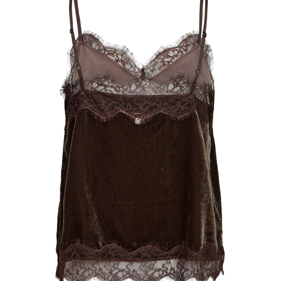 A dark brown velvet camisole top with sheer mesh cups, lace trim, and thin adjustable spaghetti straps, shown against a plain white background.