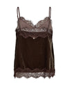 A dark brown velvet camisole top with sheer mesh cups, lace trim, and thin adjustable spaghetti straps, shown against a plain white background.