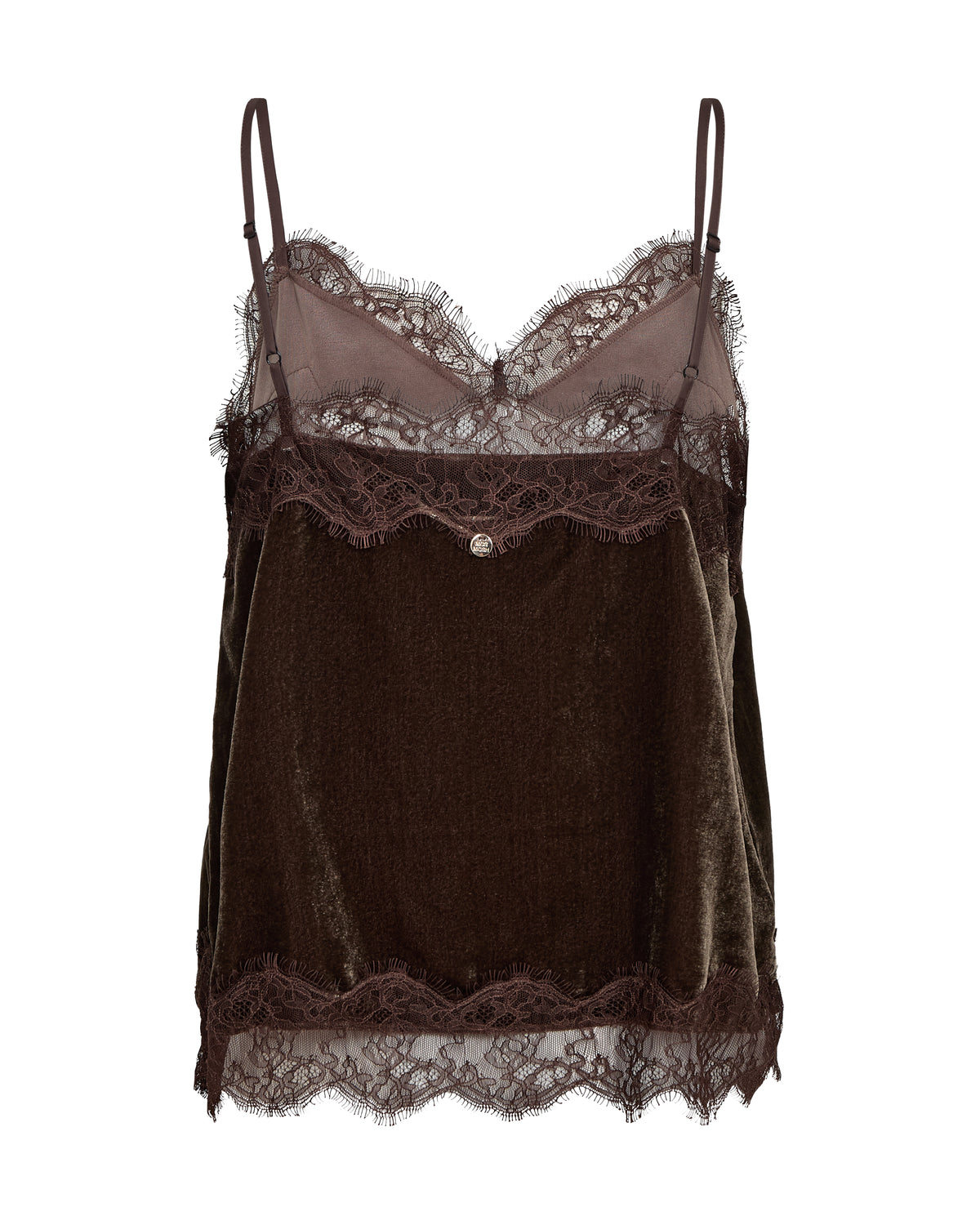 A dark brown velvet camisole top with sheer mesh cups, lace trim, and thin adjustable spaghetti straps, shown against a plain white background.