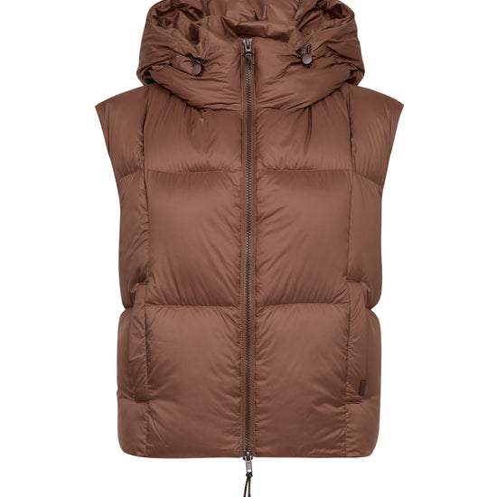 A brown hooded puffer vest with horizontal quilting, a front zipper, and side pockets, shown against a plain white background.