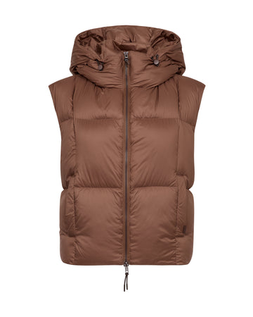 A brown hooded puffer vest with horizontal quilting, a front zipper, and side pockets, shown against a plain white background.