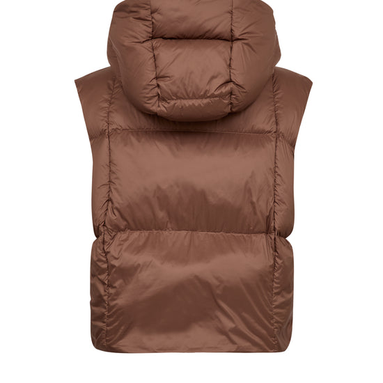 A brown puffer vest with a hood, shown from the back on a plain white background.