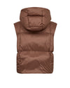 A brown puffer vest with a hood, shown from the back on a plain white background.