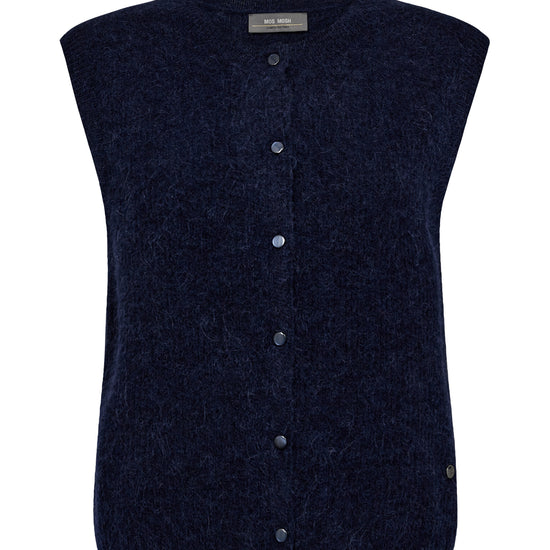 Dark blue vest with button details on a white background