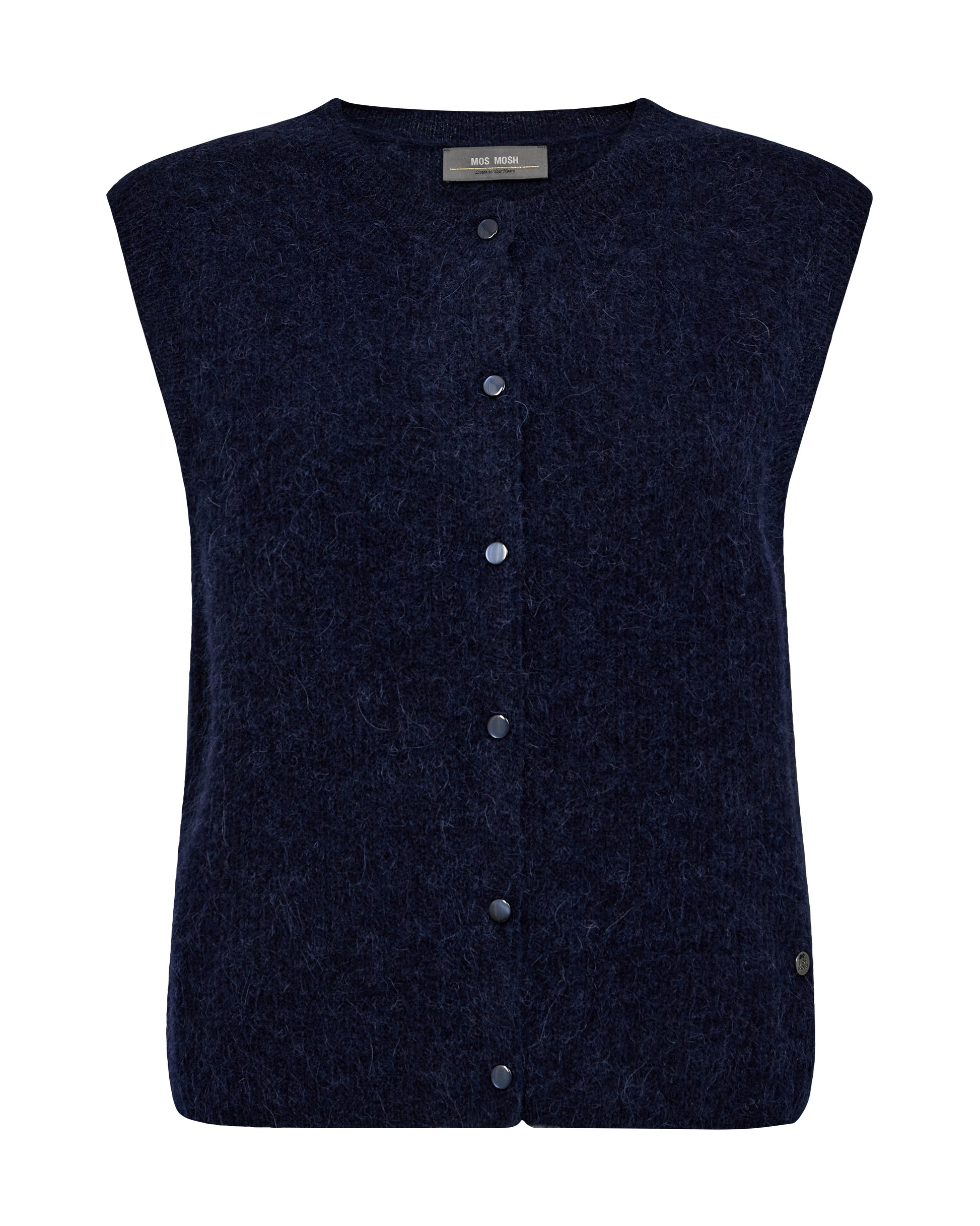 Dark blue vest with button details on a white background