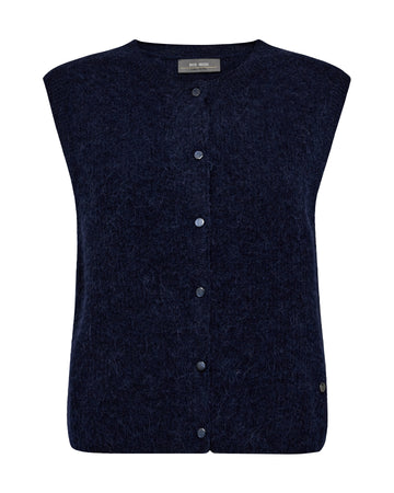 Dark blue vest with button details on a white background