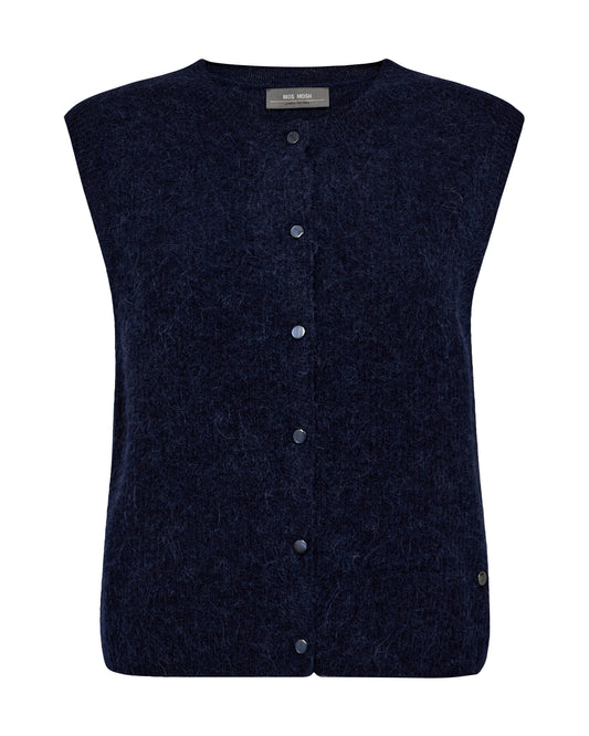 Dark blue vest with button details on a white background