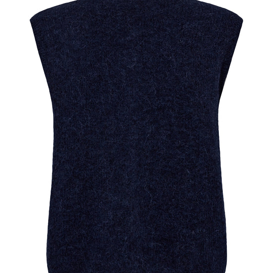 A dark navy blue sleeveless knit top with a crew neck, shown from the back against a plain white background.