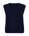A dark navy blue sleeveless knit top with a crew neck, shown from the back against a plain white background.