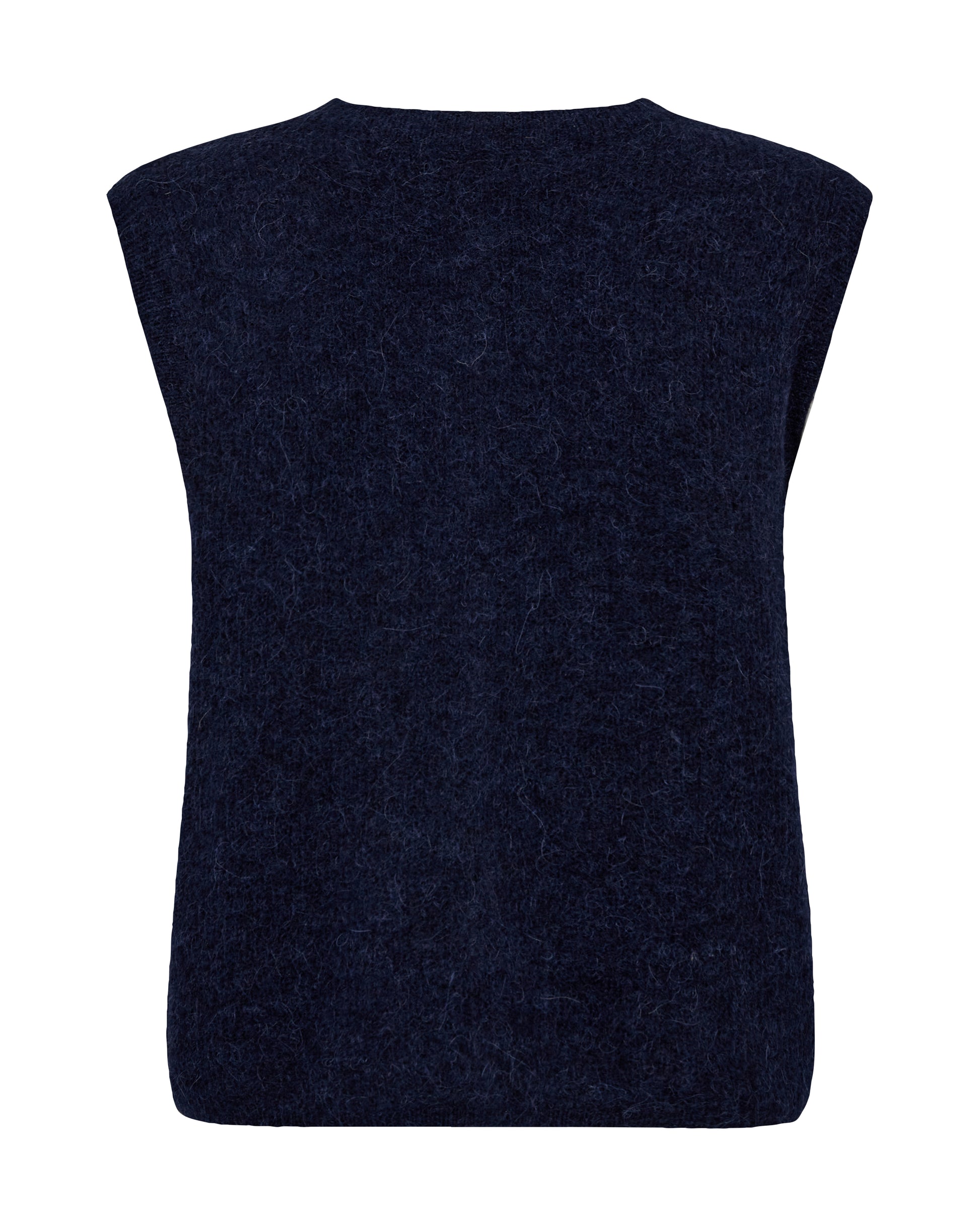 A dark navy blue sleeveless knit top with a crew neck, shown from the back against a plain white background.