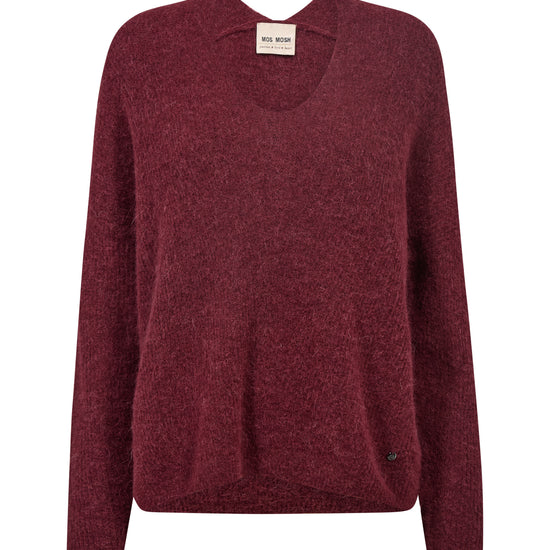 A long-sleeve V-neck knit sweater in a heathered burgundy red, shown against a plain white background. 