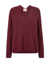 A long-sleeve V-neck knit sweater in a heathered burgundy red, shown against a plain white background. 