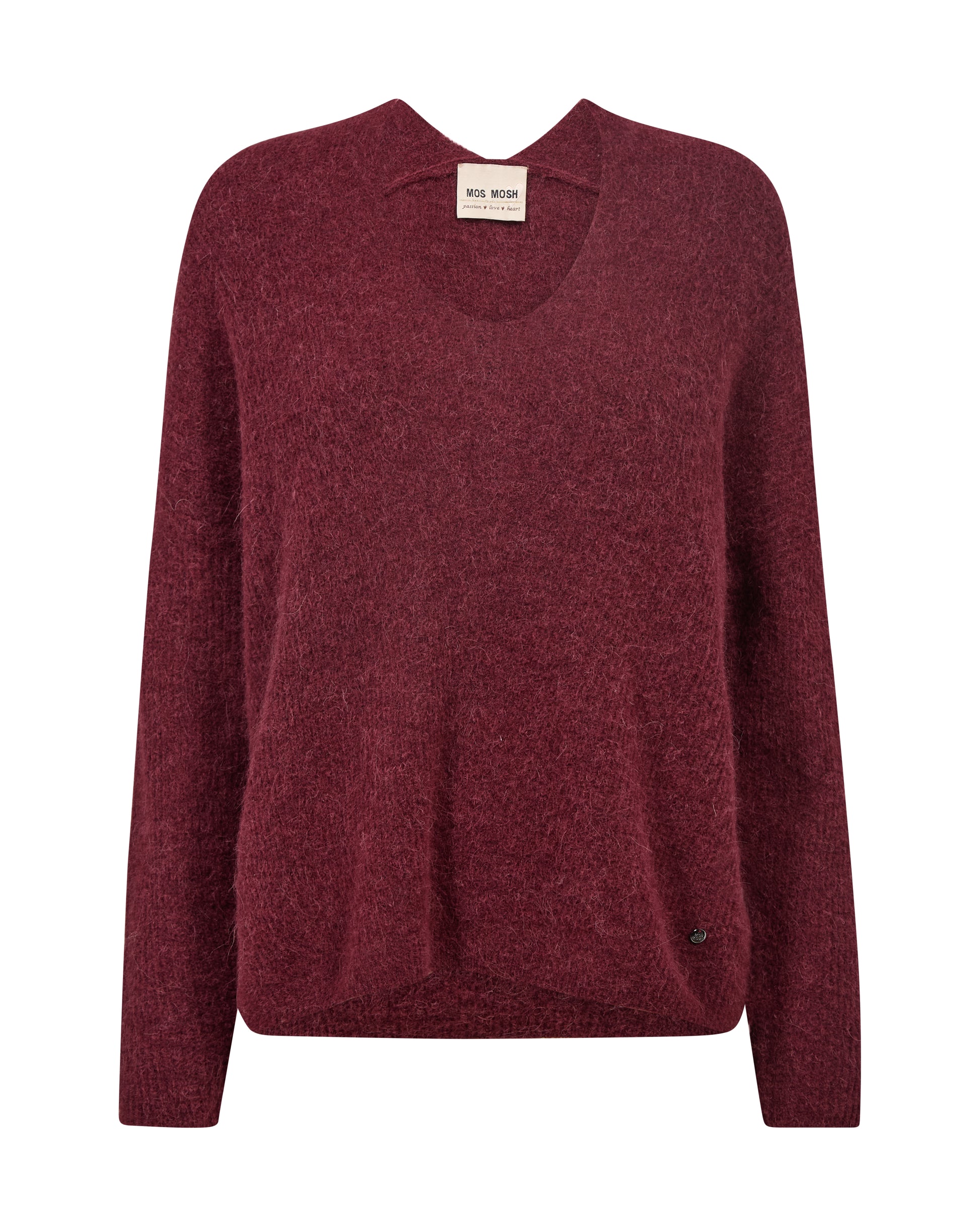 A long-sleeve V-neck knit sweater in a heathered burgundy red, shown against a plain white background. 