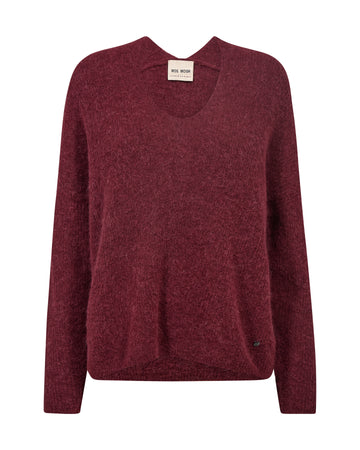 A long-sleeve V-neck knit sweater in a heathered burgundy red, shown against a plain white background. 