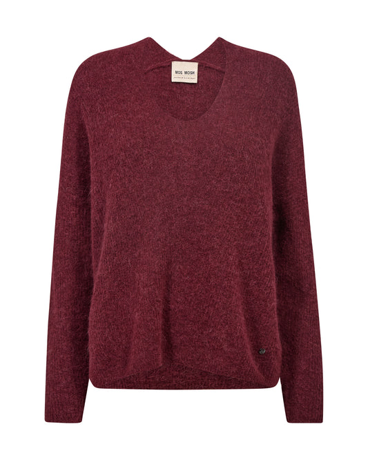 A long-sleeve V-neck knit sweater in a heathered burgundy red, shown against a plain white background. 