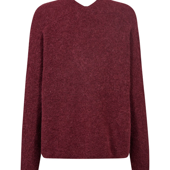 A heathered burgundy knit sweater with a V-neck and long sleeves, shown against a plain white background.