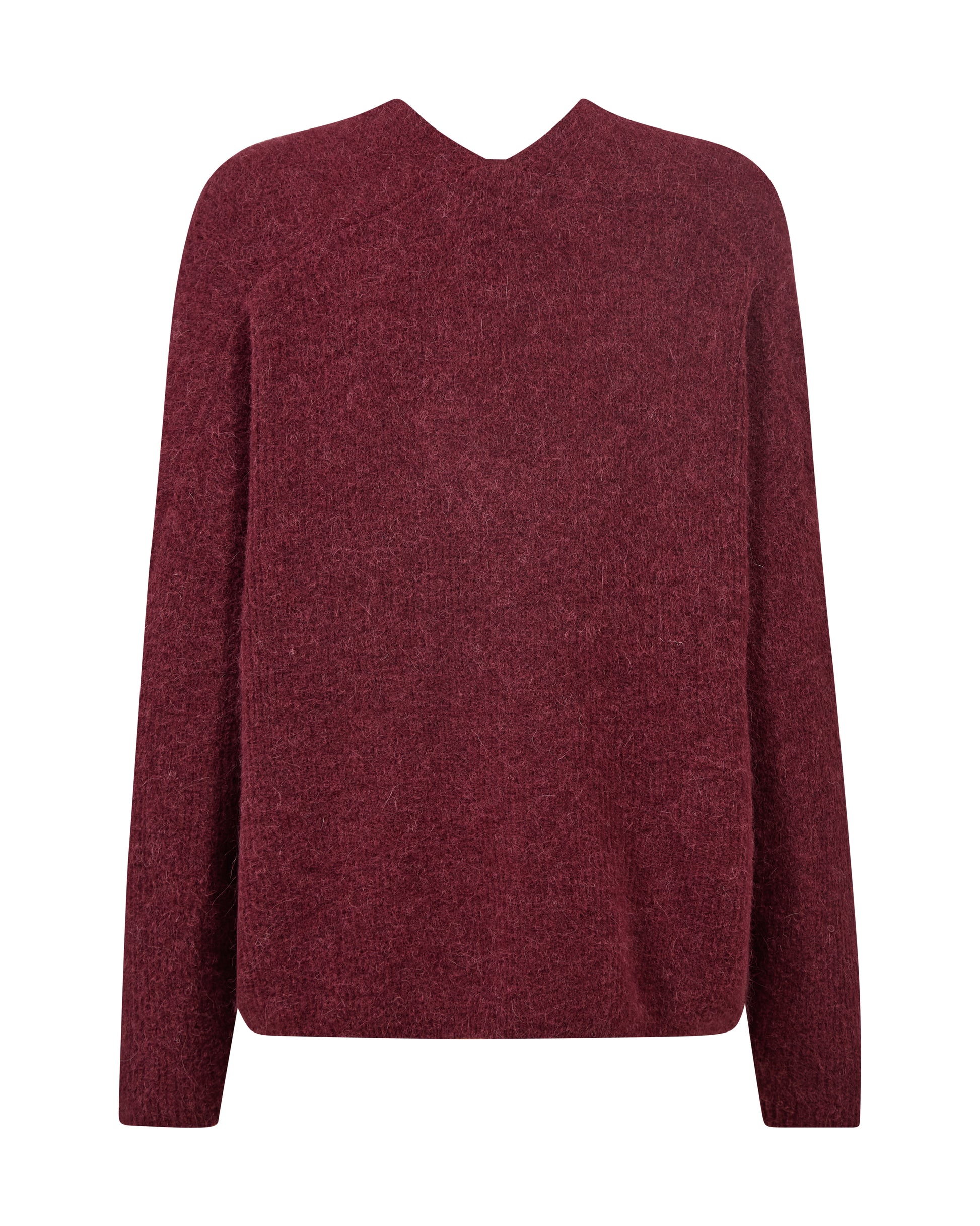 A heathered burgundy knit sweater with a V-neck and long sleeves, shown against a plain white background.