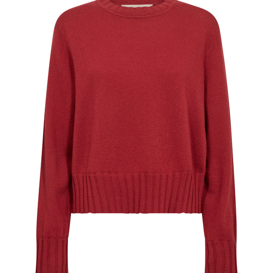 A red long-sleeve knit sweater with a crew neck and ribbed hem and cuffs, shown against a plain white background.
