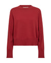 A red long-sleeve knit sweater with a crew neck and ribbed hem and cuffs, shown against a plain white background.