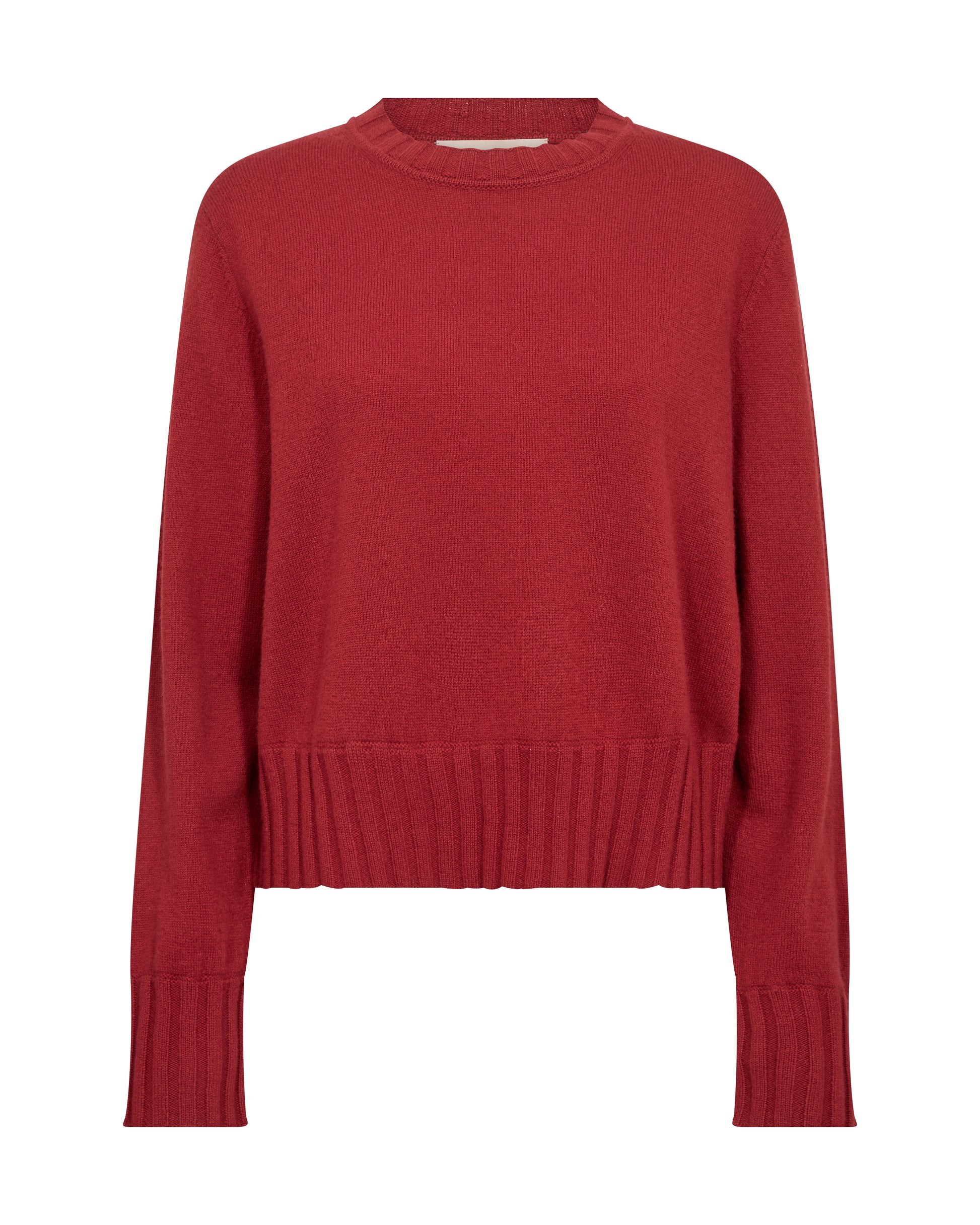 A red long-sleeve knit sweater with a crew neck and ribbed hem and cuffs, shown against a plain white background.