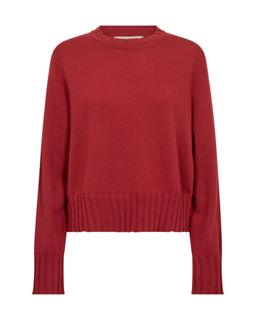 A red long-sleeve knit sweater with a crew neck and ribbed hem and cuffs, shown against a plain white background.