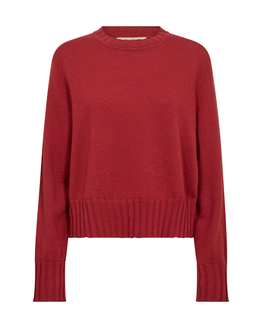 A red long-sleeve knit sweater with a crew neck and ribbed hem and cuffs, shown against a plain white background.