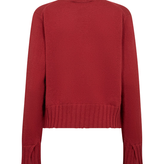 A red long-sleeve knit sweater shown from the back, featuring a ribbed hem and ribbed cuffs, displayed on a solid white background.