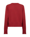 A red long-sleeve knit sweater shown from the back, featuring a ribbed hem and ribbed cuffs, displayed on a solid white background.