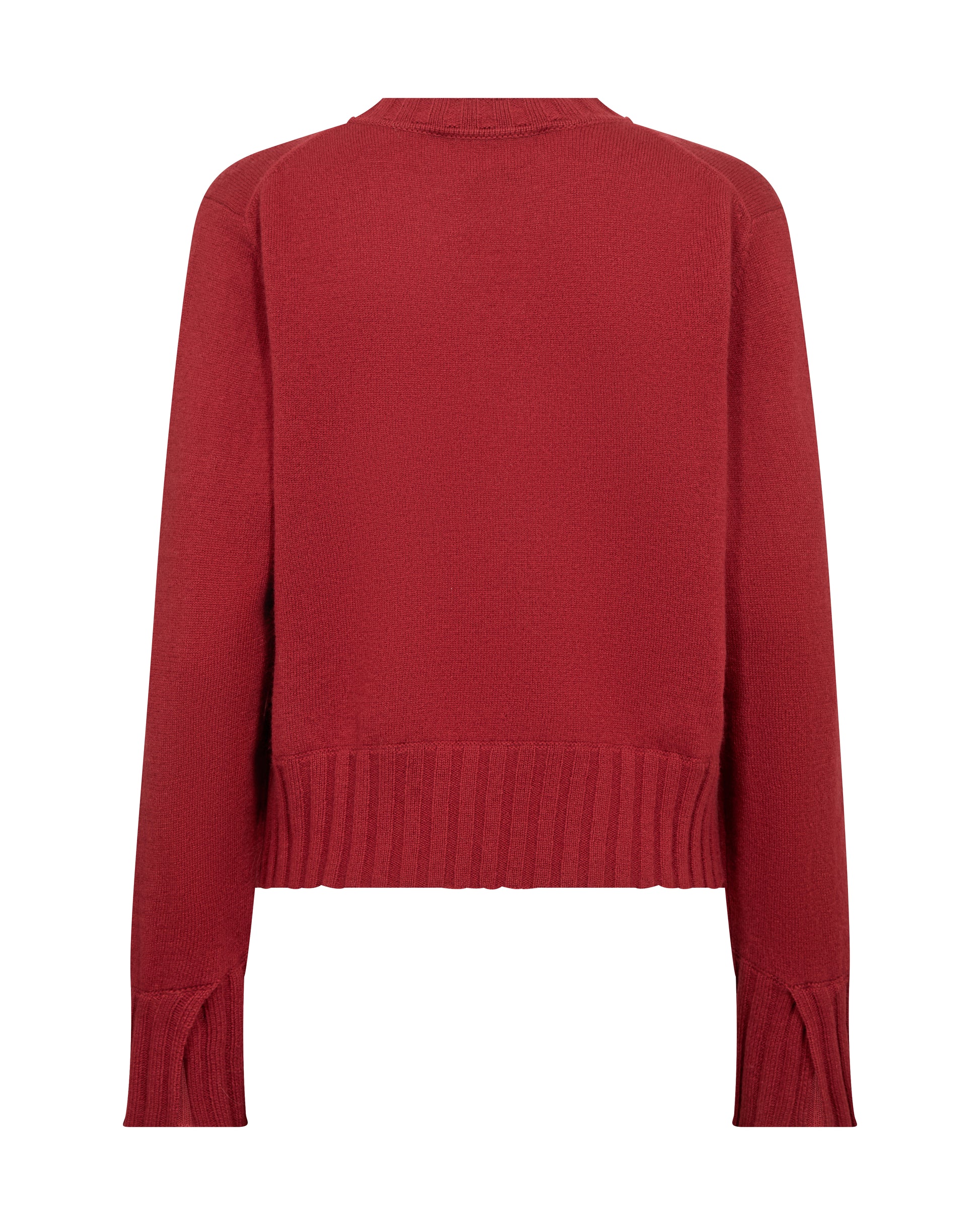 A red long-sleeve knit sweater shown from the back, featuring a ribbed hem and ribbed cuffs, displayed on a solid white background.