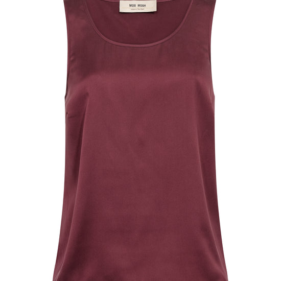 A sleeveless scoop-neck top in a deep burgundy or plum color, shown flat against a plain white background. 