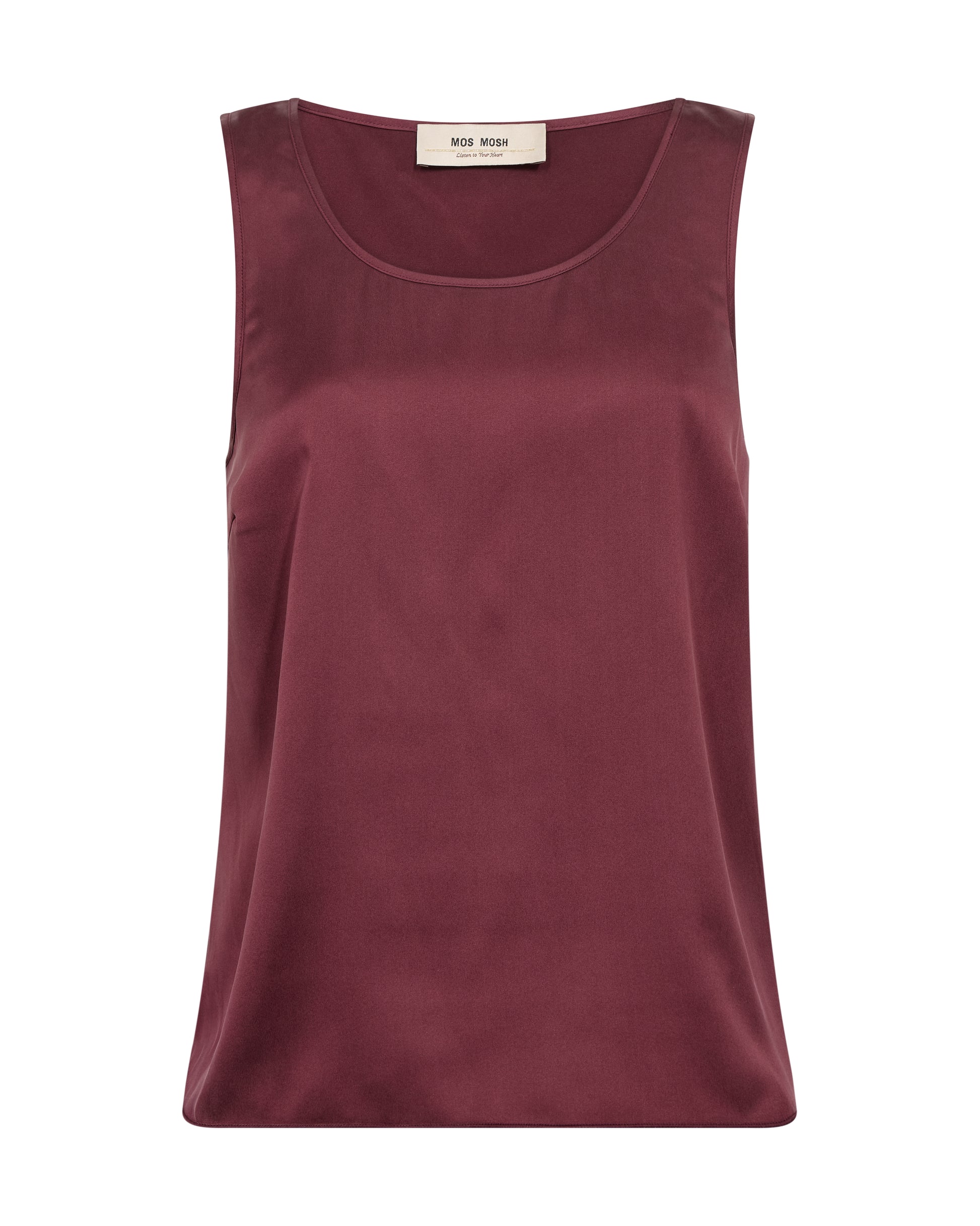 A sleeveless scoop-neck top in a deep burgundy or plum color, shown flat against a plain white background. 