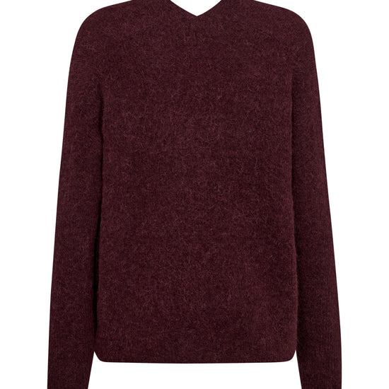 A dark burgundy v-neck knit sweater with long sleeves, shown against a plain white background. rear view