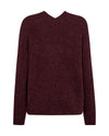 A dark burgundy v-neck knit sweater with long sleeves, shown against a plain white background. rear view