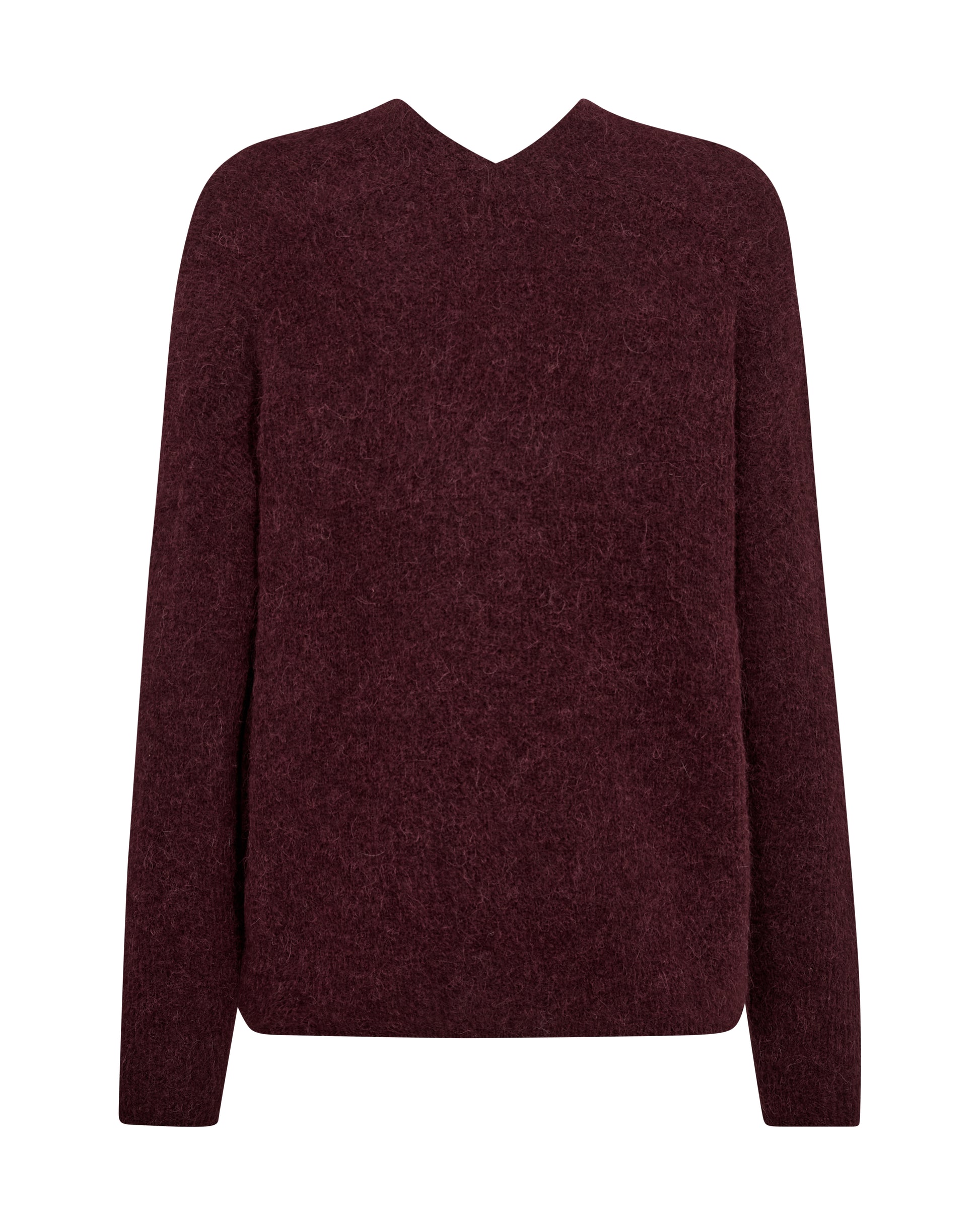 A dark burgundy v-neck knit sweater with long sleeves, shown against a plain white background. rear view