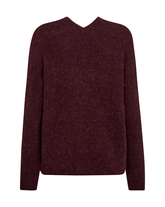 A dark burgundy v-neck knit sweater with long sleeves, shown against a plain white background. rear view