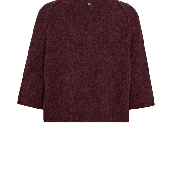 A dark burgundy knit sweater with three-quarter sleeves, shown from the back against a plain white background.