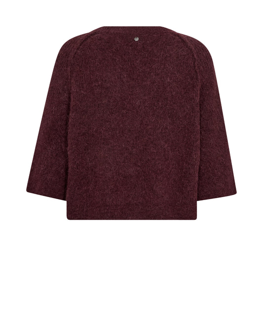 A dark burgundy knit sweater with three-quarter sleeves, shown from the back against a plain white background.