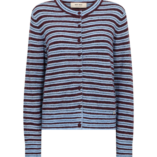 Striped cardigan with brown and blue horizontal stripes on a white background