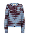 Striped cardigan with brown and blue horizontal stripes on a white background