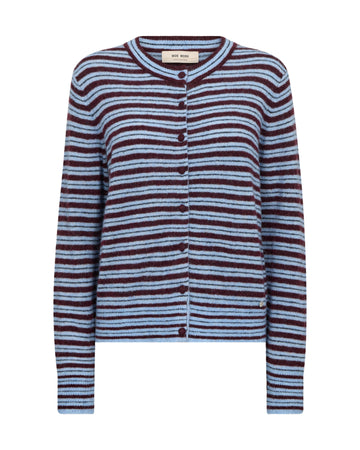 Striped cardigan with brown and blue horizontal stripes on a white background