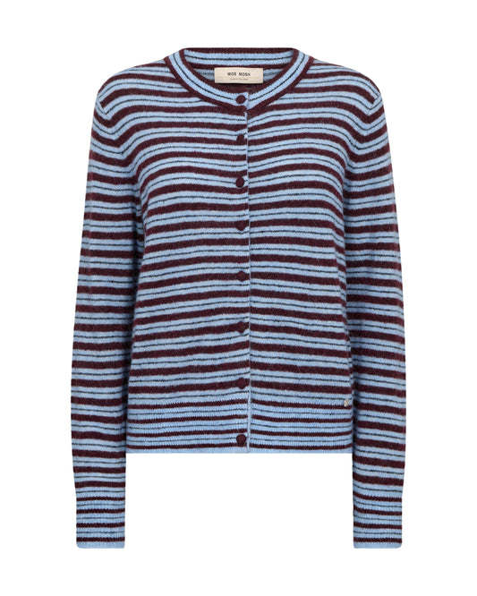 Striped cardigan with brown and blue horizontal stripes on a white background