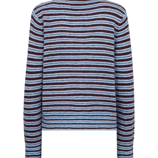 Striped sweater with brown and blue horizontal stripes on a white background