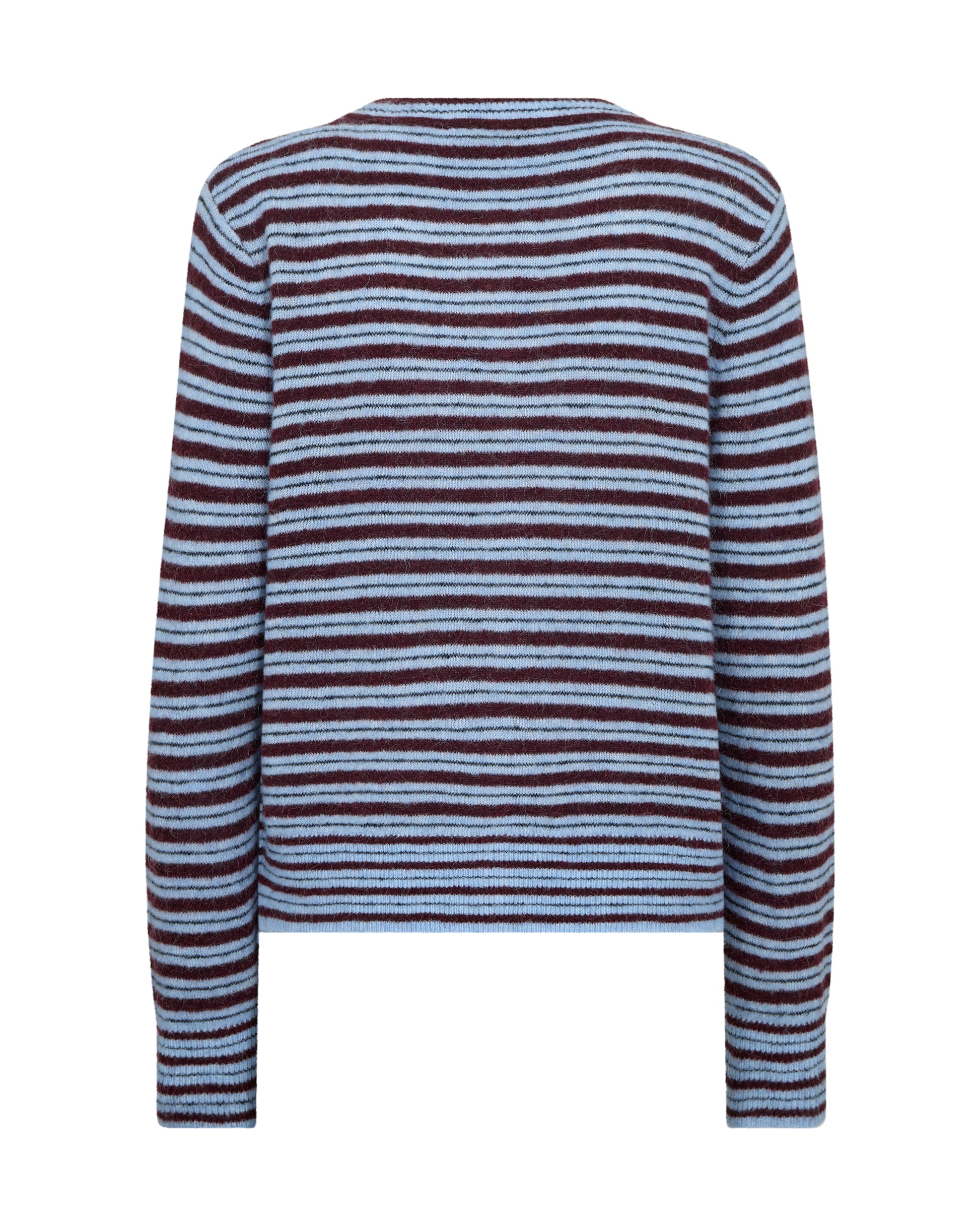 Striped sweater with brown and blue horizontal stripes on a white background