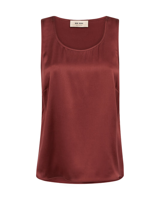 A sleeveless scoop-neck tank top in a dusty rose or mauve color, displayed flat against a solid white background. A small beige brand label  is visible at the inner neckline.