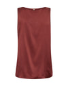 A sleeveless, boat-neck top in a deep rust red color, shown flat against a solid white background.