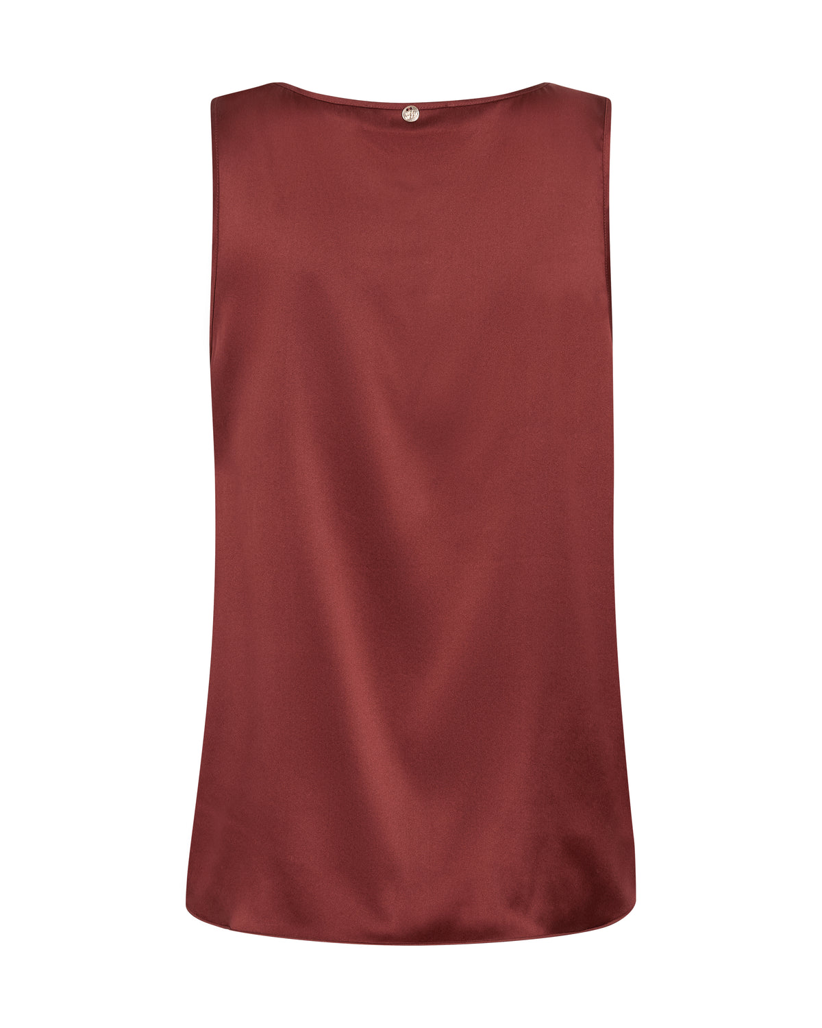 A sleeveless, boat-neck top in a deep rust red color, shown flat against a solid white background.